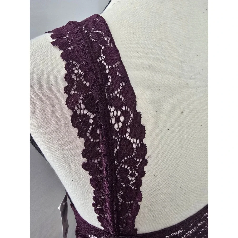 New Free People Adella Lace Bralette Plum Purple V-Neck Longline Boho Medium